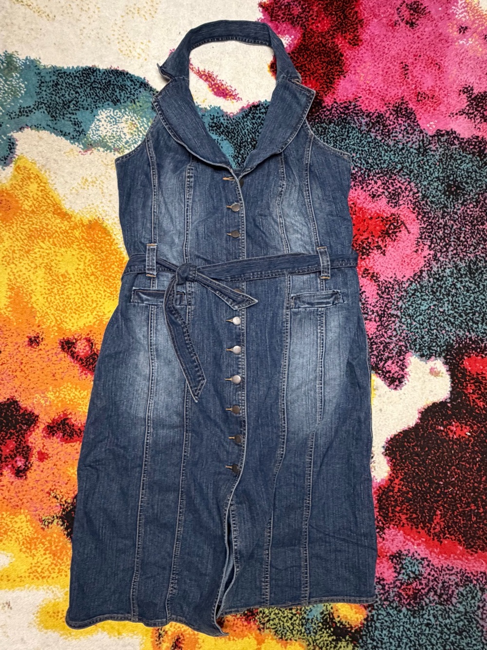 Venezia Sleeveless Dark Blue Denim Button-Front Halter Midi Dress with Belt